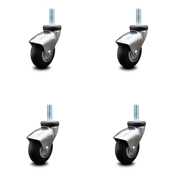 3 Inch Bright Chrome Hooded Neoprene Rubber 3/8 Inch Threaded Stem Casters, 4PK